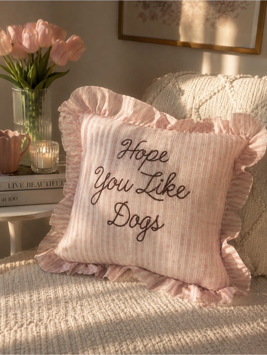 Other - Pink “Hope You Like Dogs” Decorative Throw Pillow with Ruffle Trim